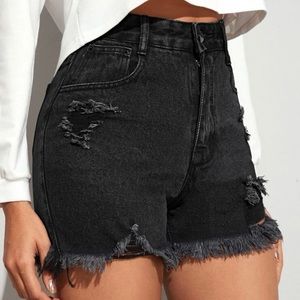 Black distress denim shorts